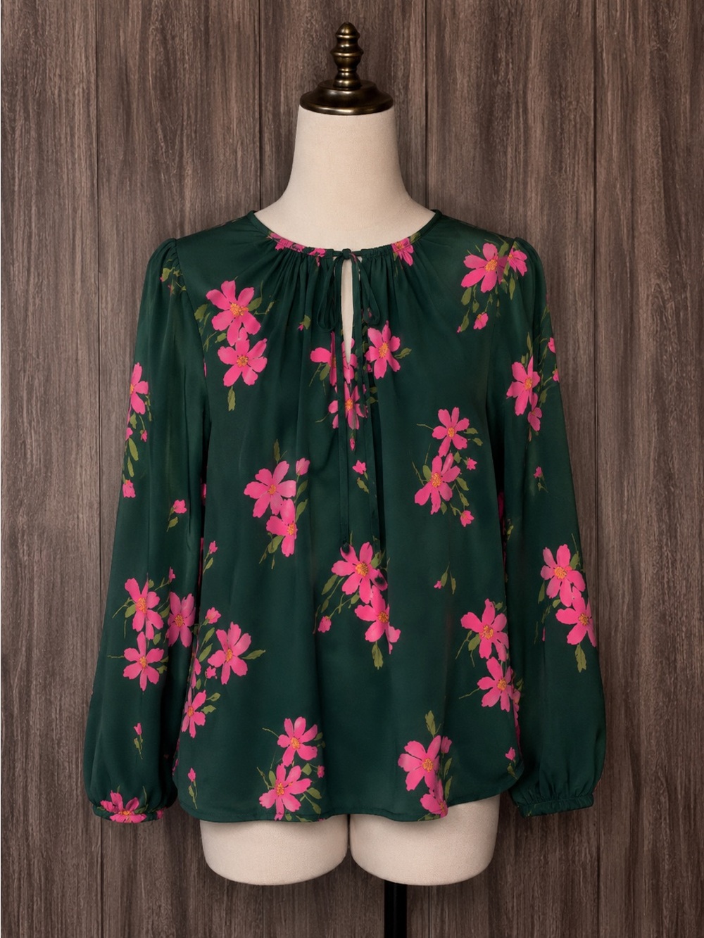 Boden Green Long-Sleeve Tie-Neck Blouse with Hot Pink Floral Print